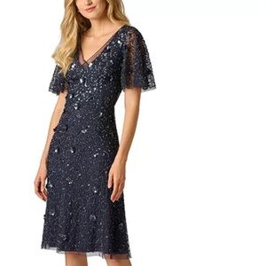 Adrianna Papell Elegant Navy Blue midi Evening cocktail Dress